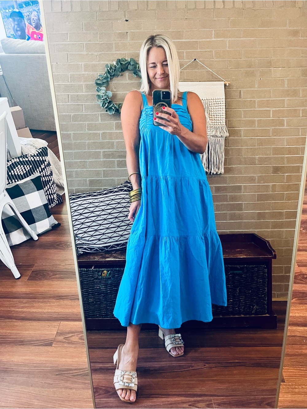 Vibrant Blue Tiered Midi Dress with Square Neck
